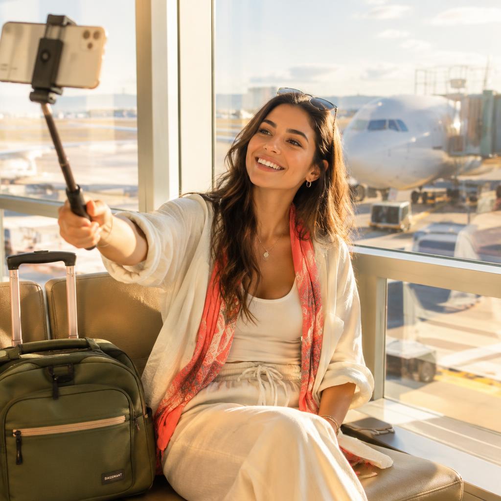 A travel creator filming content with a phone on a trip