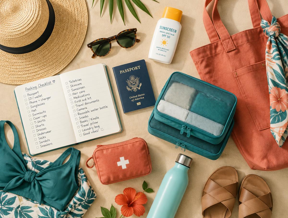 A flat lay of travel essentials with a packing checklist, passport, sunscreen and tote bag