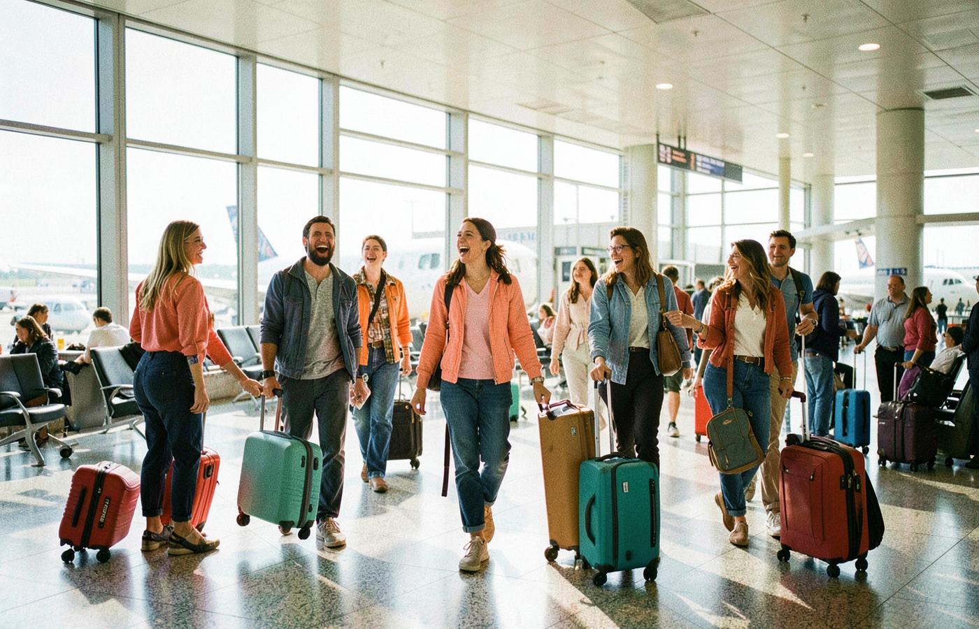 Friends arriving at the airport with colorful luggage