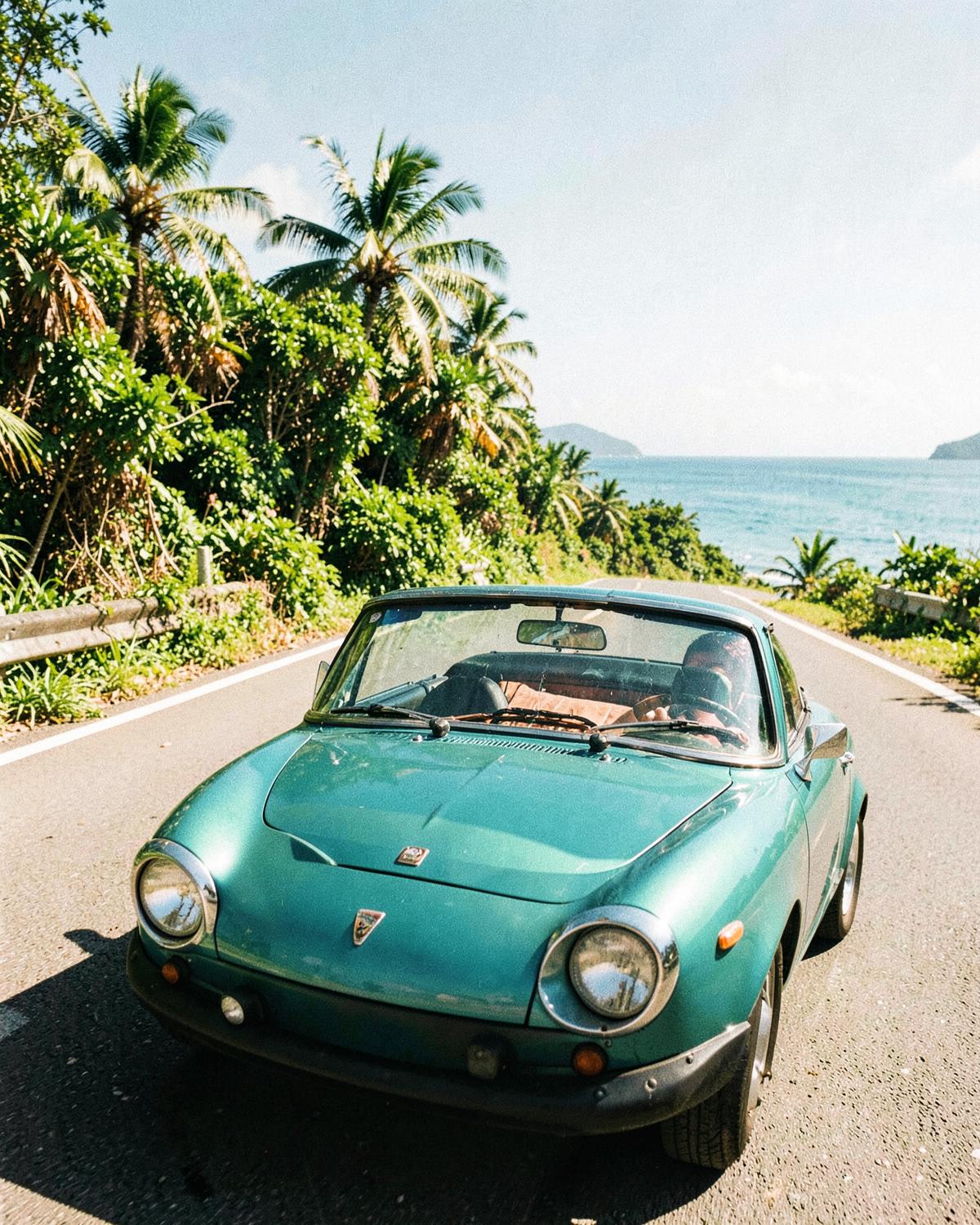 A teal convertible on a tropical coastal road